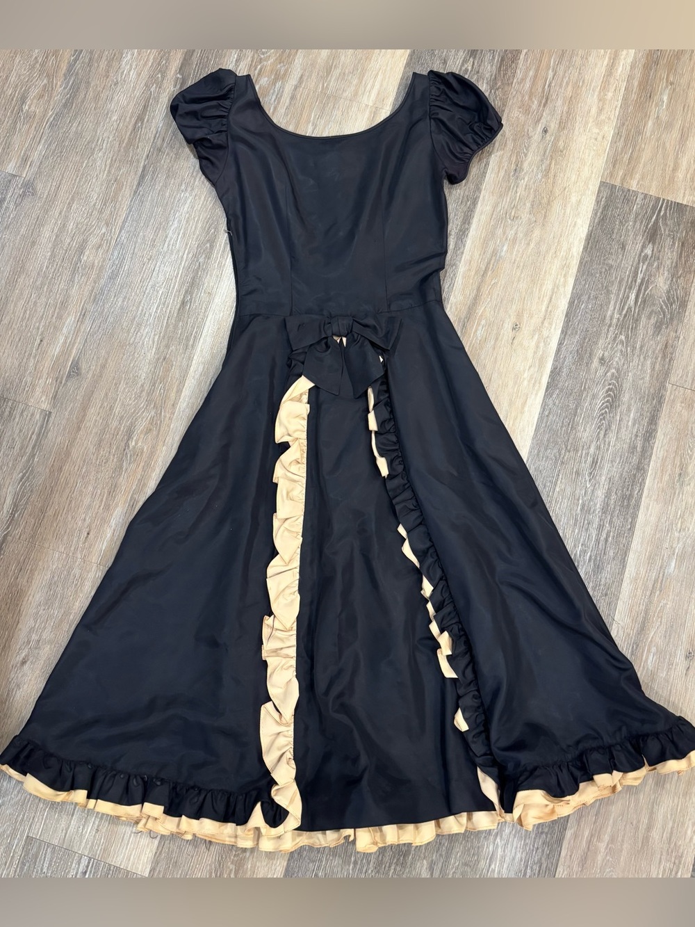 Vintage Black Dress 50s with Beige Ruffle Trim